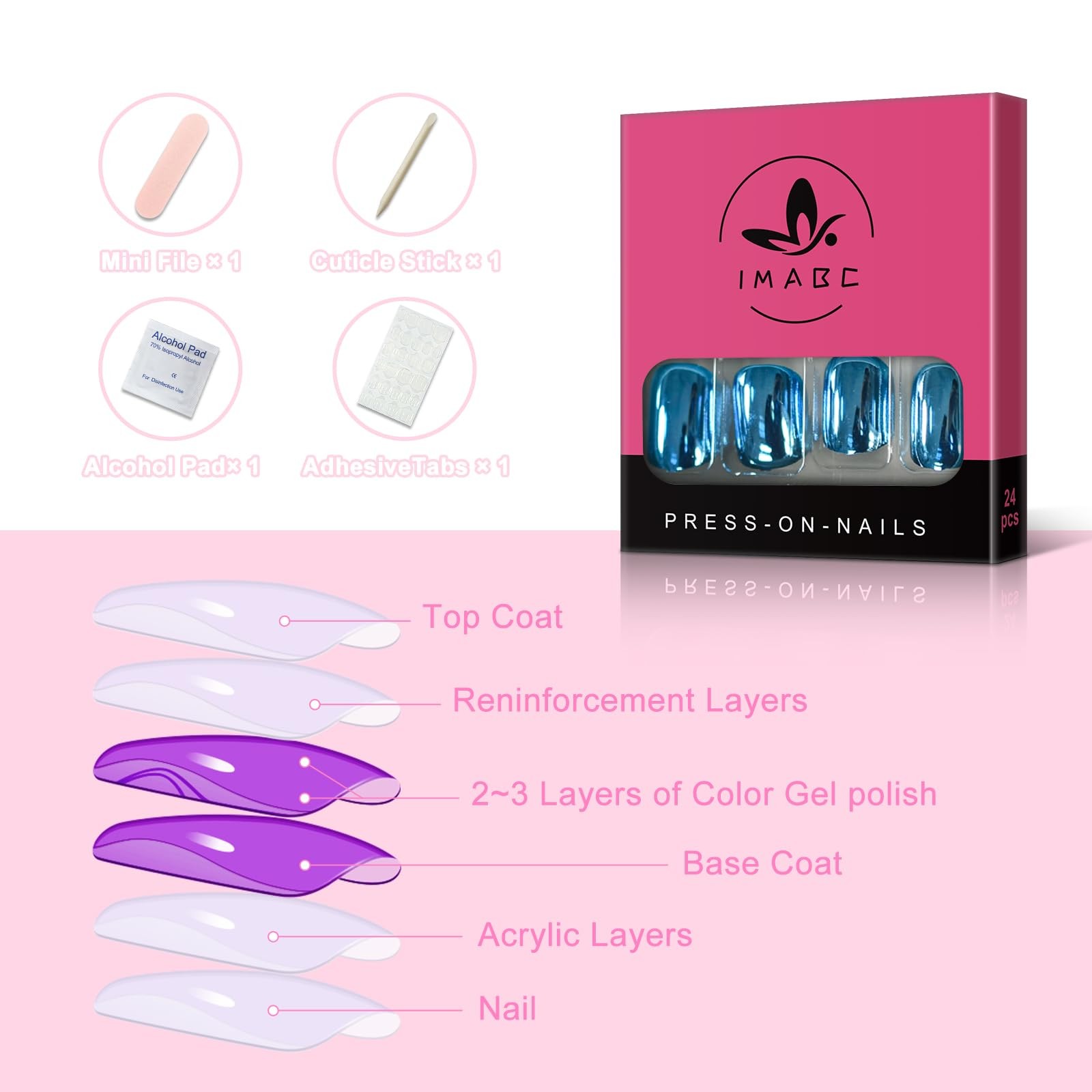 Press on Nails Metallic Mirror Bliue Fake Nail |UV Medium-short Square False …