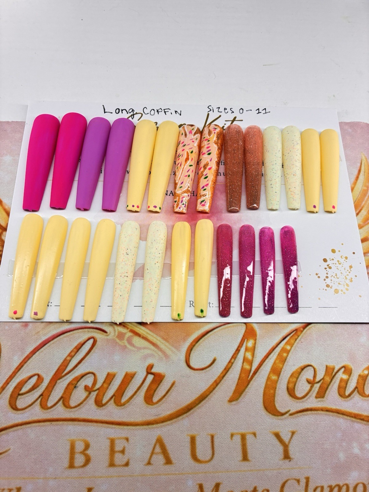 Long Coffin Press-On Nails Matte & Glossy Pink, Yellow & Glitter Sizes 0–11 Set