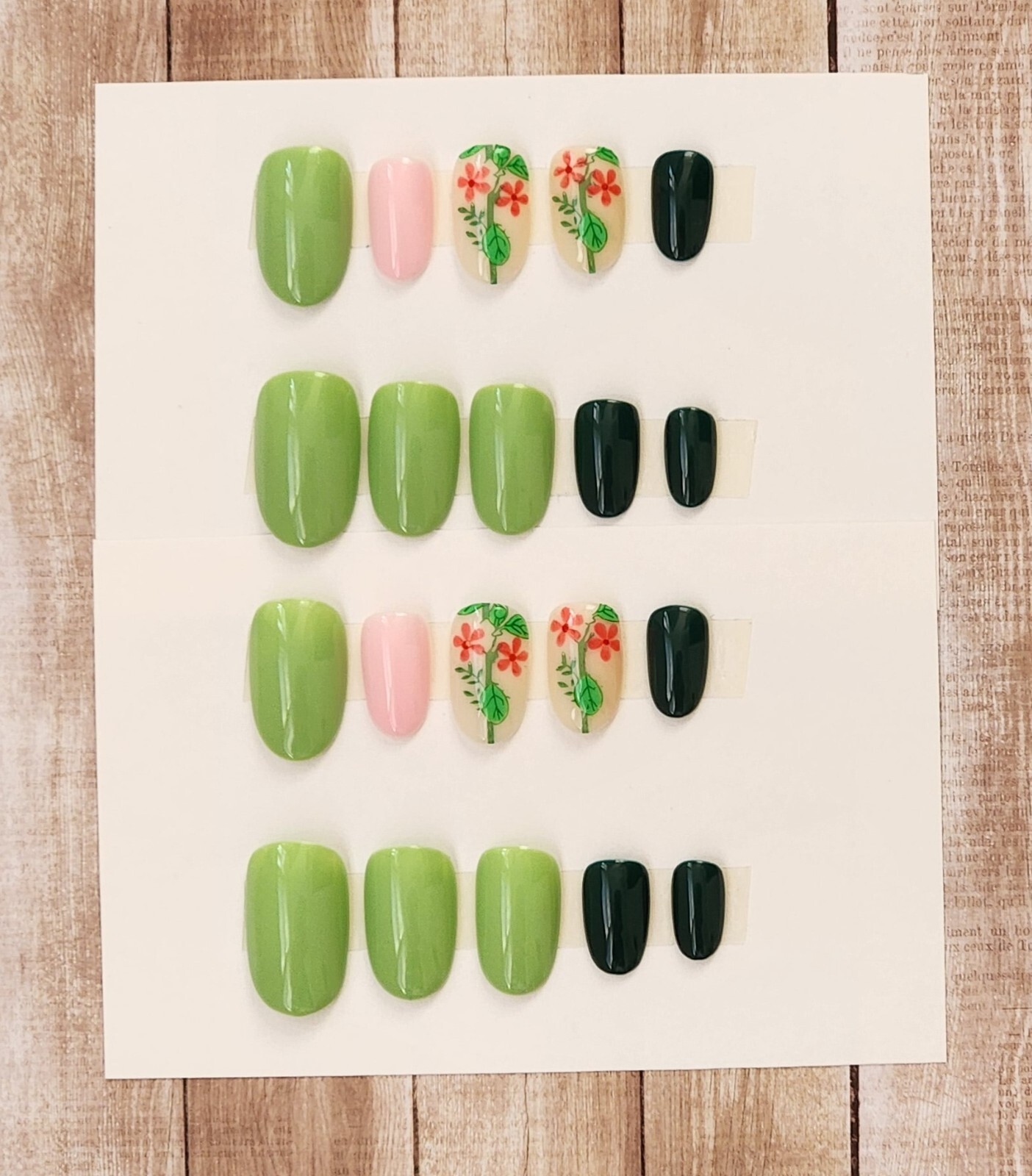 Custom Press On Handmade Gel Nails Green Floral Accent Oval Short 20 Tips