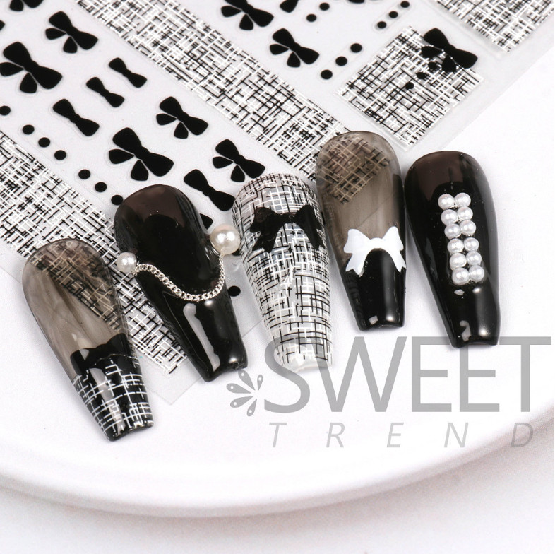 3D Nail Art Stickers Black White Decor Butterfly Knot Bow Grid Decals NS48