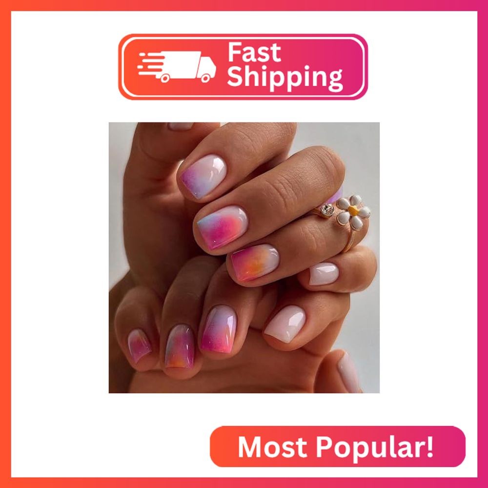Ombre Pink Purple Press on Nails Short Square Fake Nails with Designs Gradient O