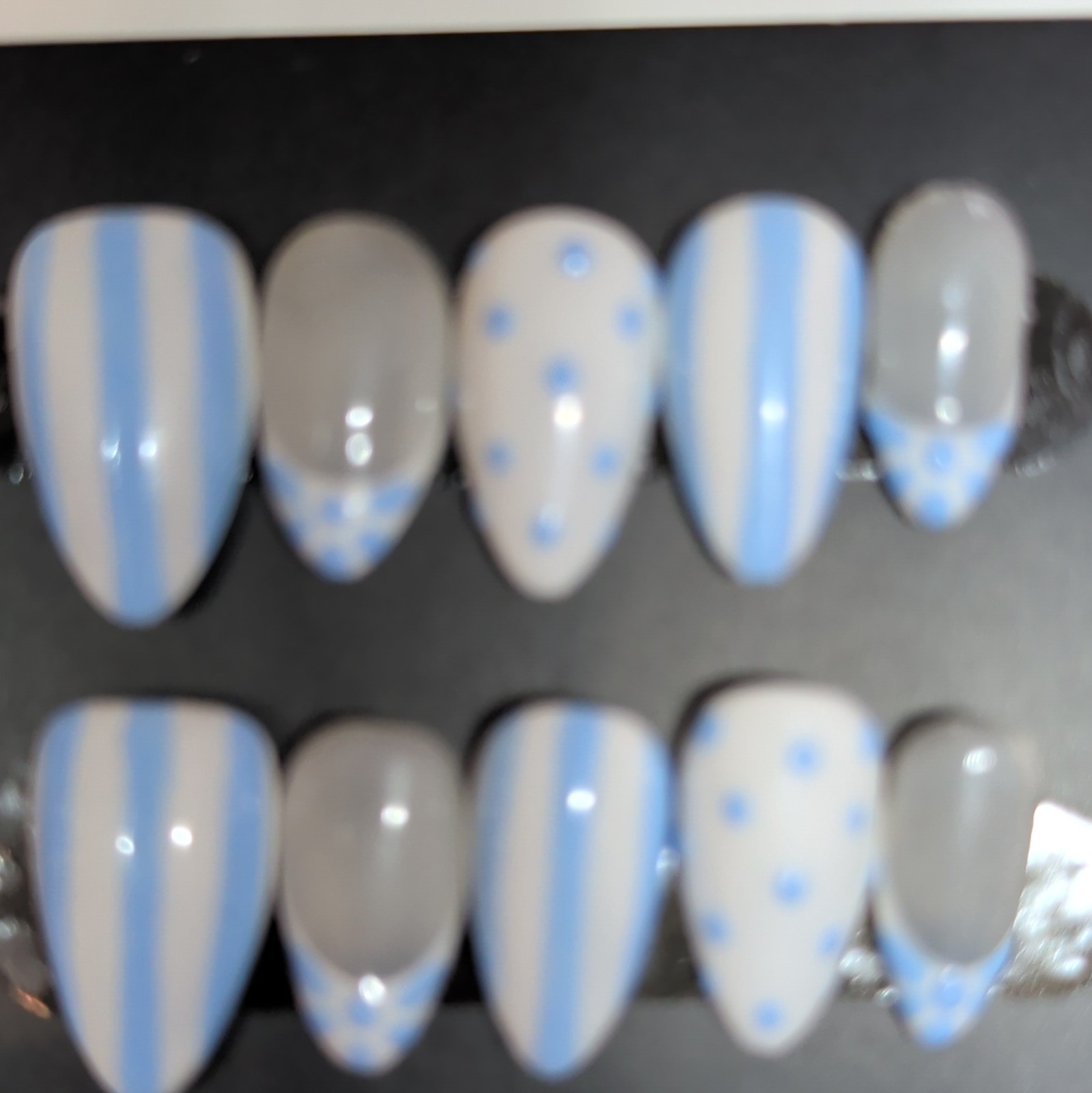 10 Piece Medium Almond Press-On Nails, Full Cover Shiny Blue White Polka!