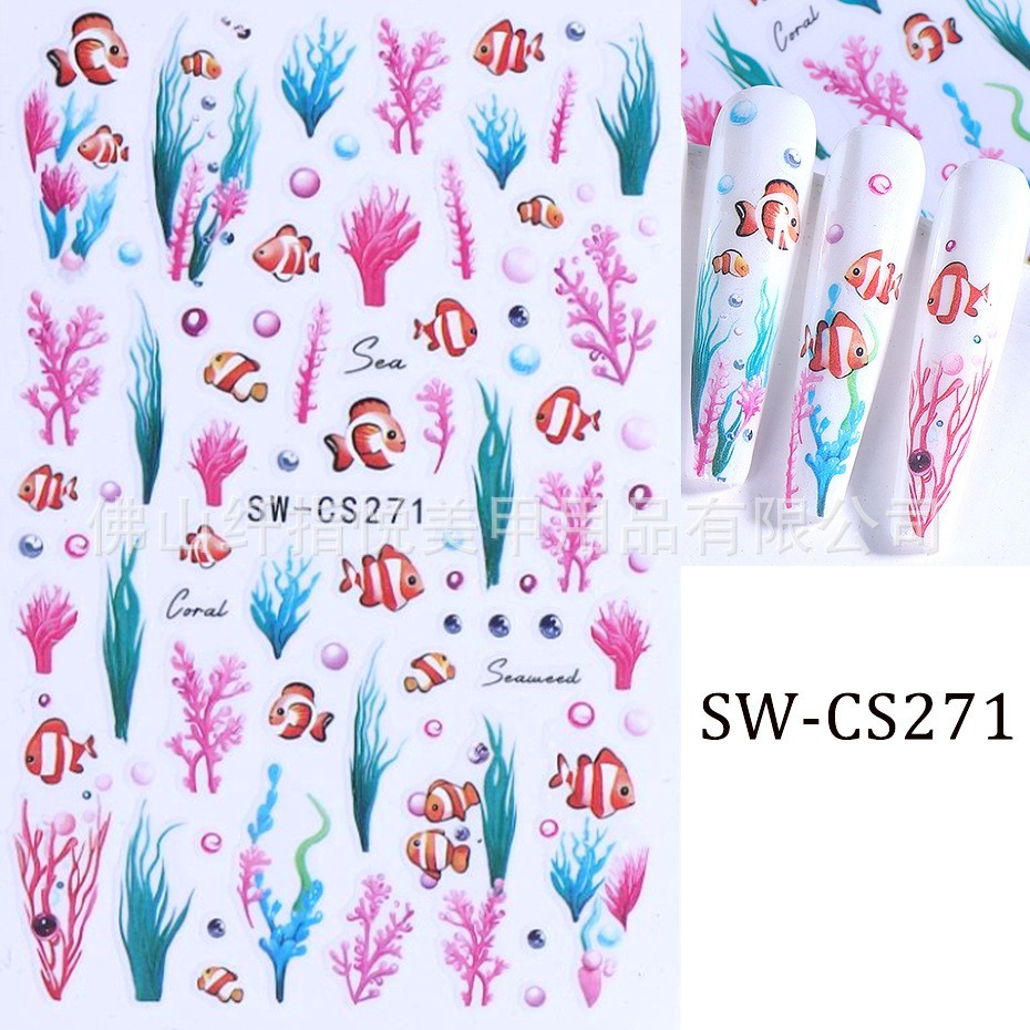 2Pcs Set Nail Stickers Clownfish Seaweed Starfish Ocean Peel Off Decor NH30