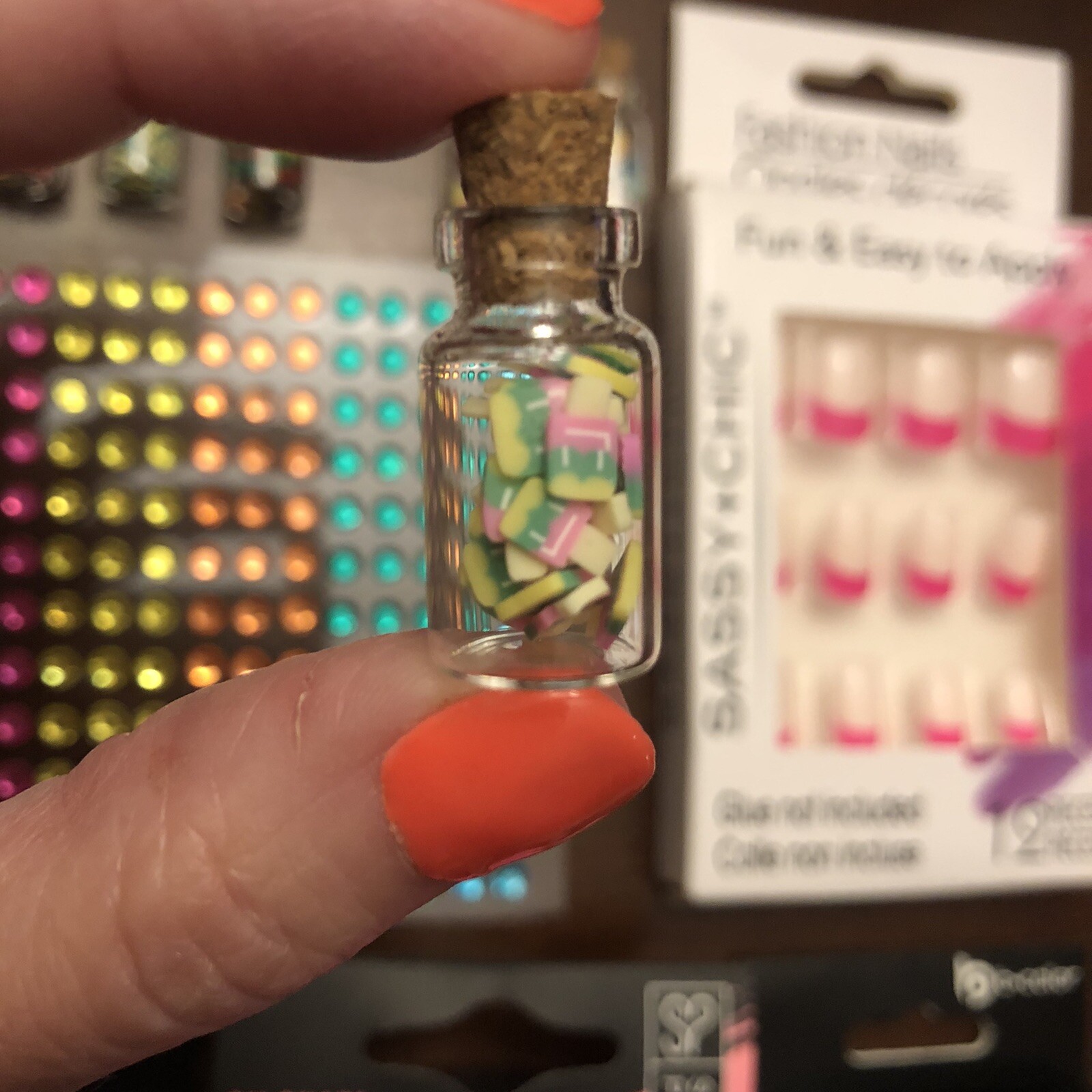 NAIL ART LOT 4 X SETS PRESS ON NAILS Polish Gems Food Miniatures Acrylic Jewels
