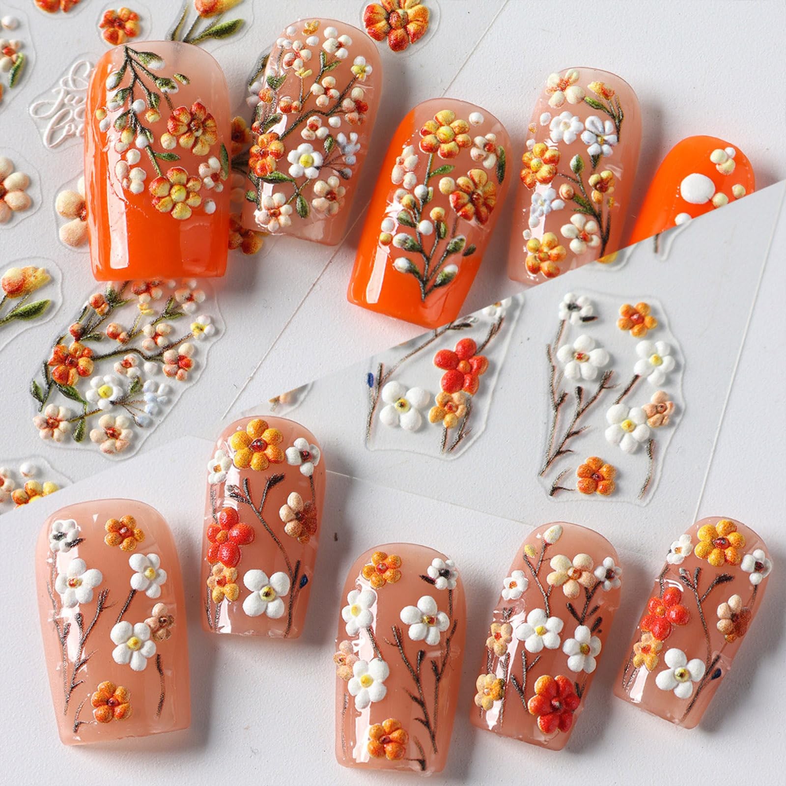 4 Sheets Elegant Spring Flower Nail Multicolour, Green, Orange, Yellow