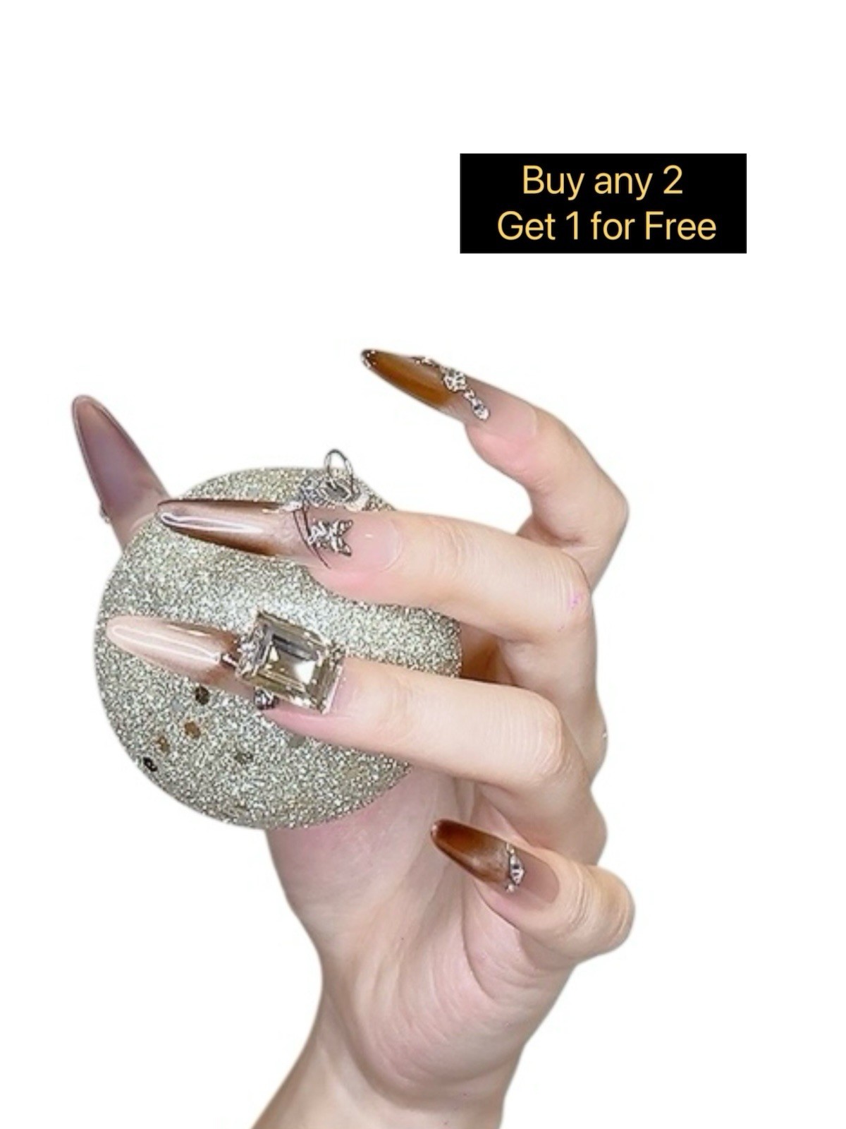 Press on Nails Long Oval Brown Color Square Rhinestone (085)