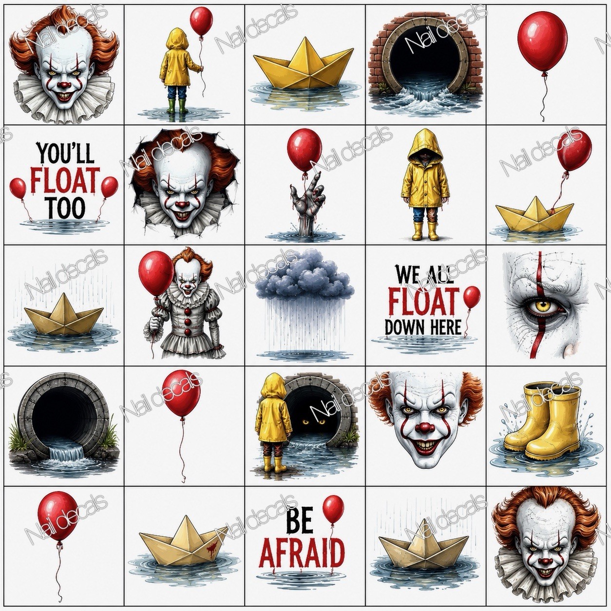 Pennywise IT Nail Decals Clear Waterslide Transfer Set of 50 + Instructions