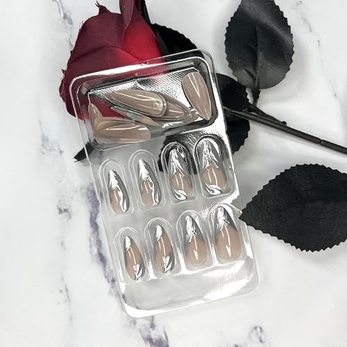 Medium Press on Nails Almond Fake Nails 3D Sliver French Tip Glue 36A04Sliver