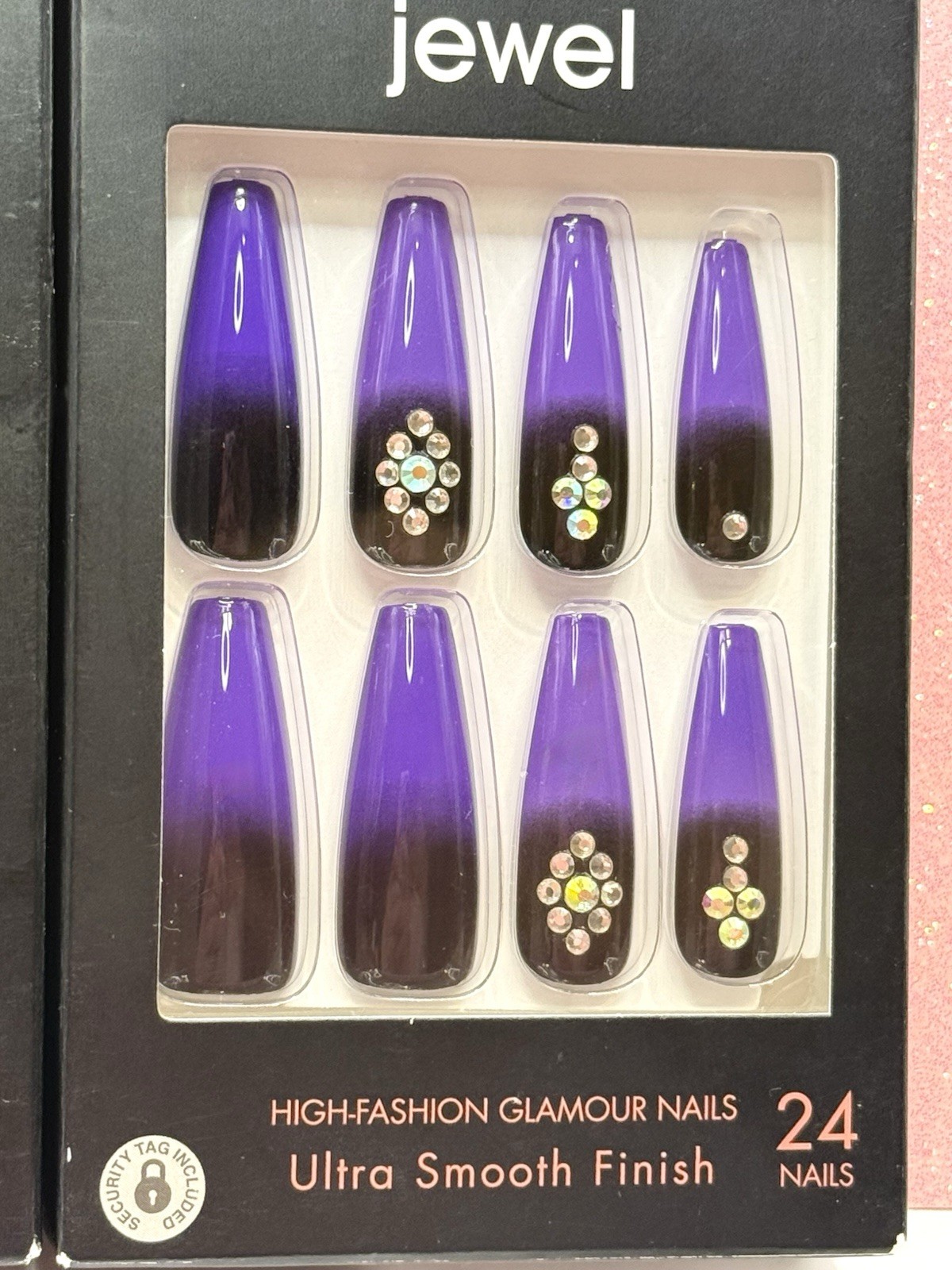 Kiss Jewel Nails Glue- On Shiny Bling Purple/Black Ombre Extra Long 2pack