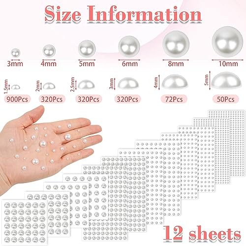 1980Pcs Self Adhesive Pearl Stickers, Hair Pearls Stick on Gems Ivory White