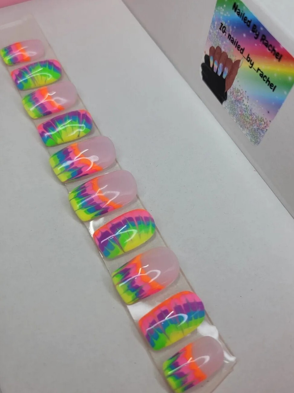 Rainbow neon tie-dye press on nails short square French tip pride nails