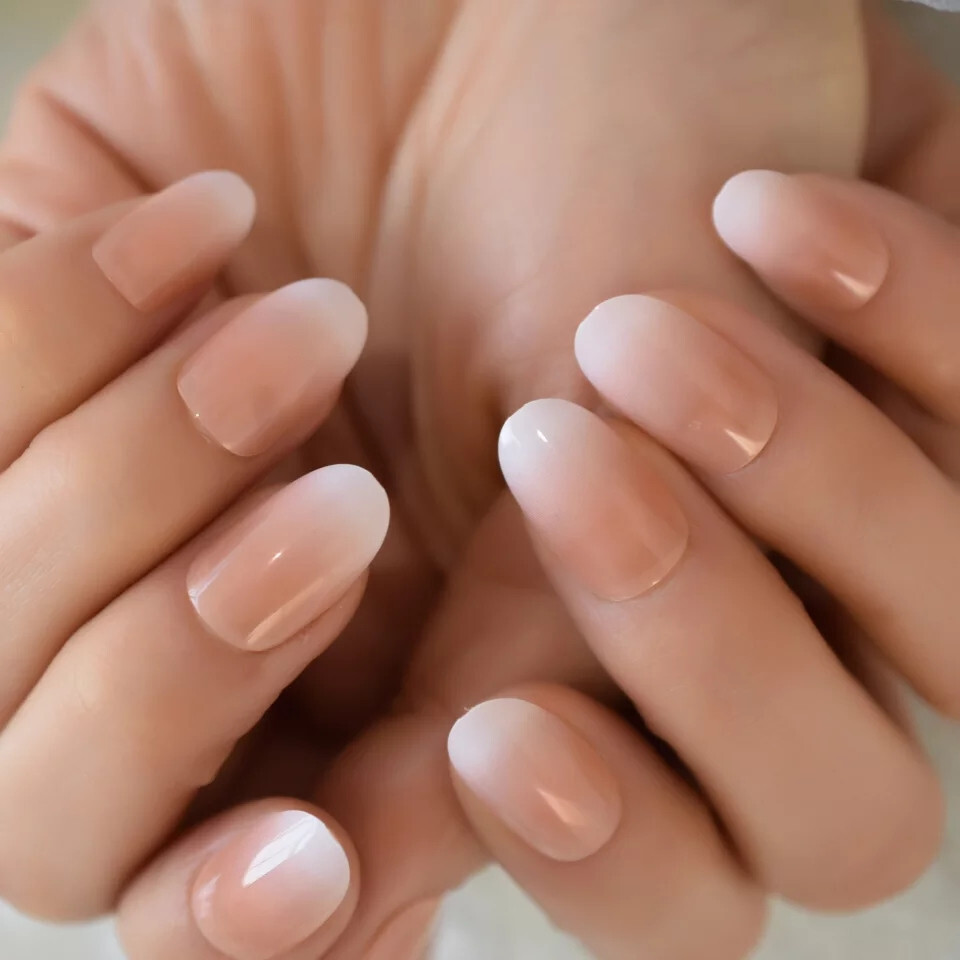 24 Medium Press on Nails kit glue on ombre french almond white nude