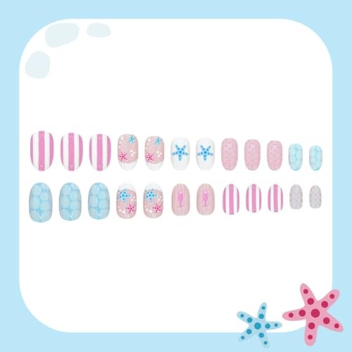 Summer Press on Nails – Short Oval – Pink Blue Fake Nails with Style-A Style-24