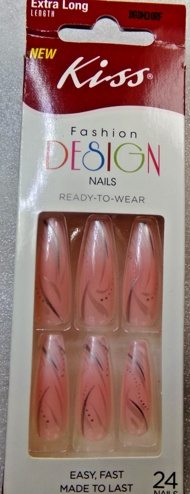 KISS NAILS GLUE ON Shiny Peachy Pink, Extra LONG LENGTH, COFFIN SCULPTED SHAPE
