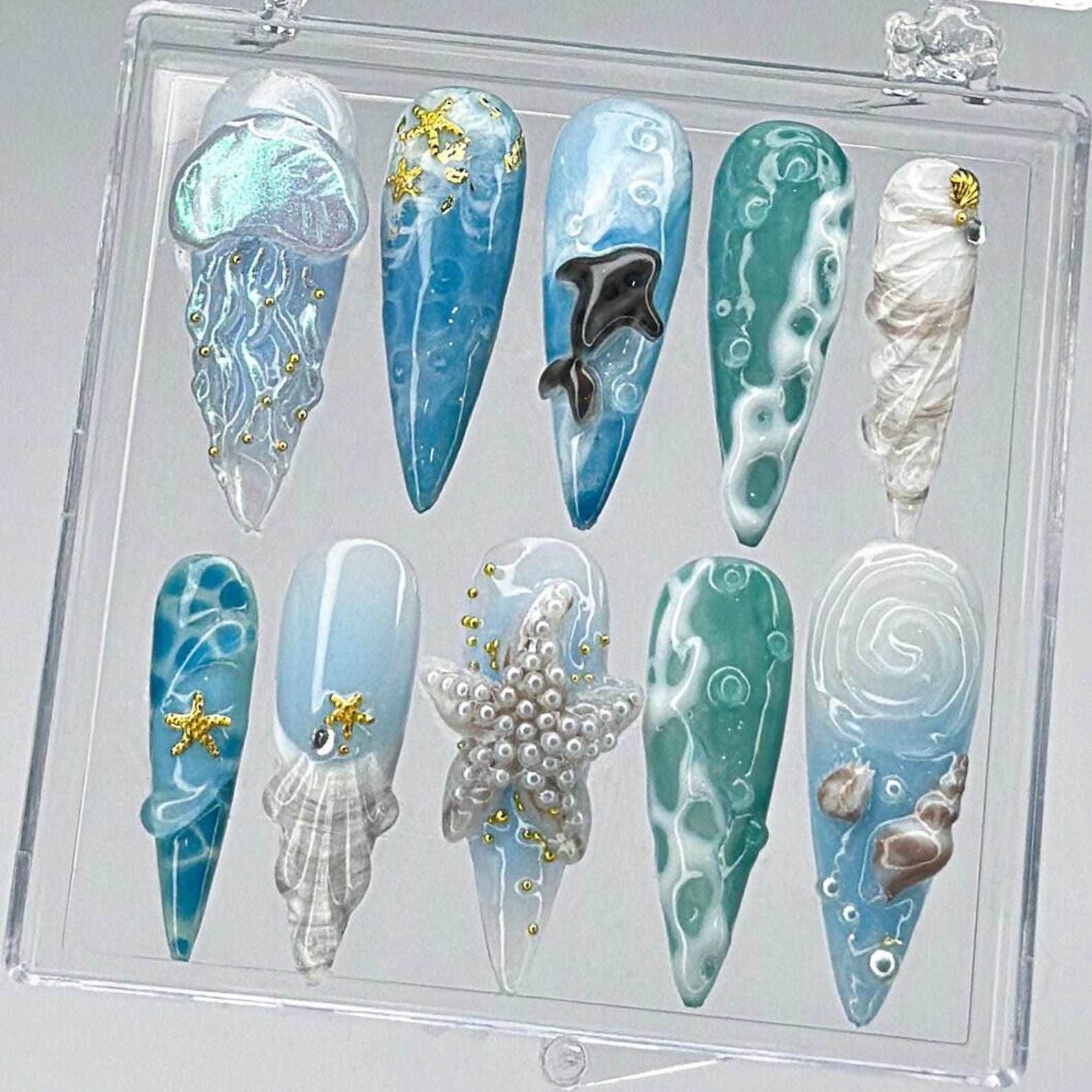Handmade Ocean Wave 3D Jellyfish Dolphin Starfish Shell Stiletto Press on Nails