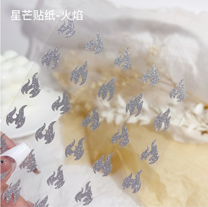 White Glitter Nail Stickers Heart Star Butterfly Bear Flame Transfer Decal NS53