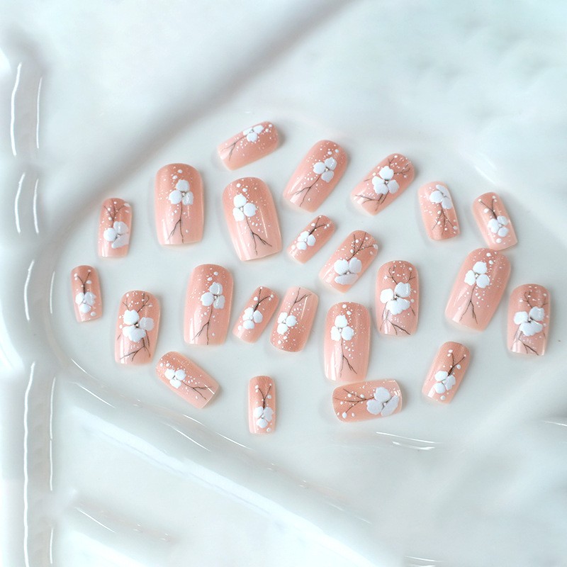 48Pcs-Medium Coffin Nude Gradient Cherry Blossom Snow Dot Press on Nails
