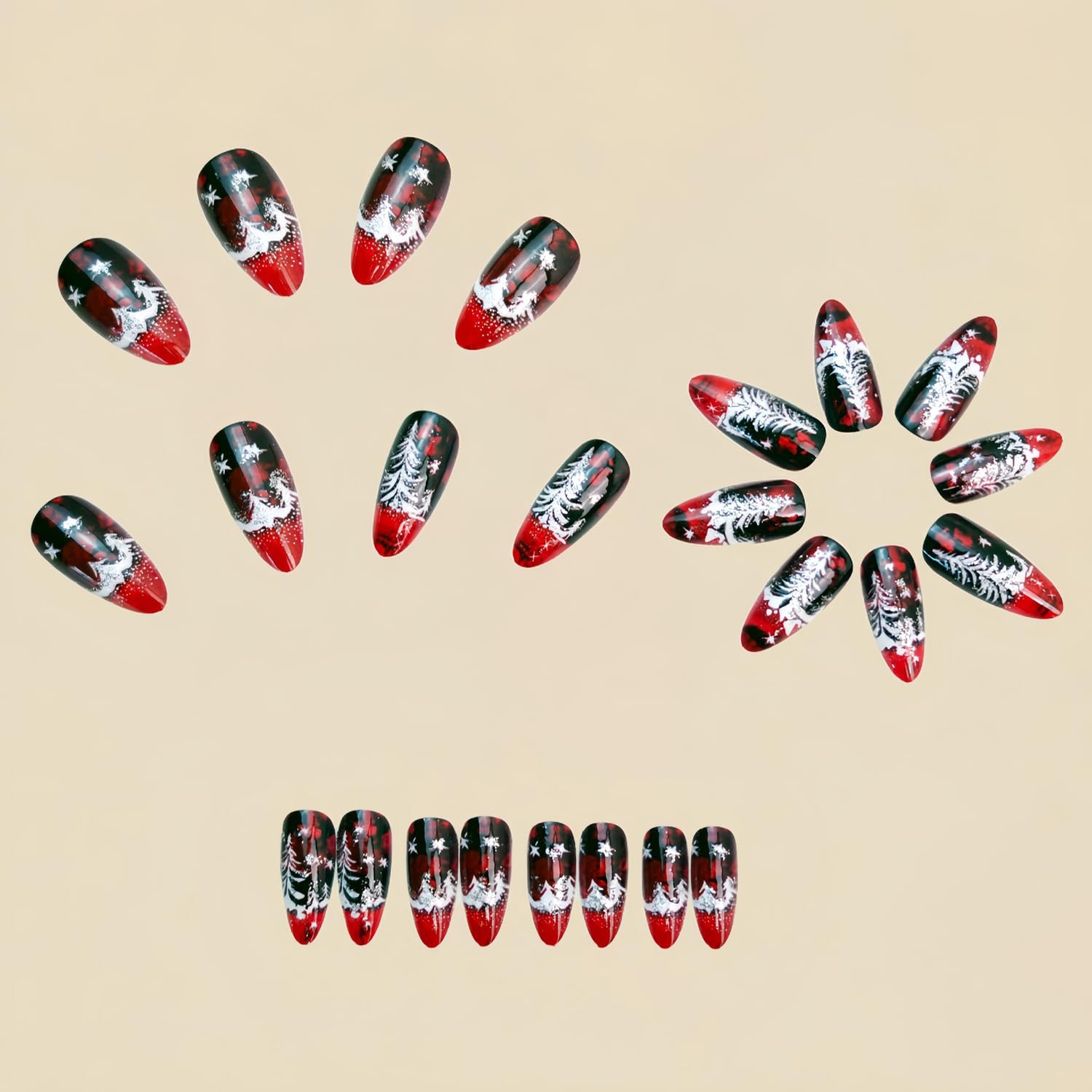 Christmas Press on Nails Medium Almond Fake Nails with Christmas Tree Designs…