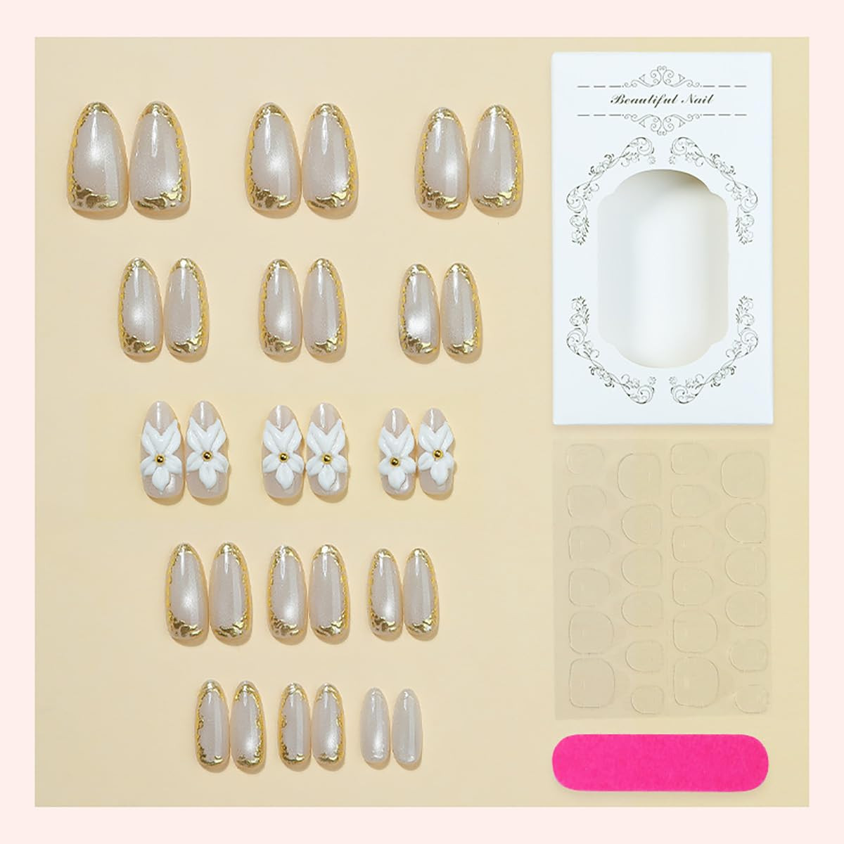 30Pcs White Flower Press on Nails Medium Almond Fake Nails Gold Lines with Chrom