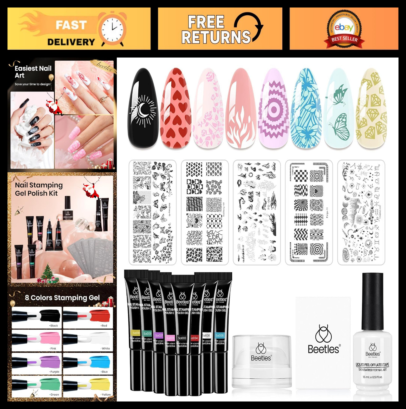16Pcs French Tip Nail Stamp Kit – 8 Colors Gel Polish, 5 Templates, Scrapers & L