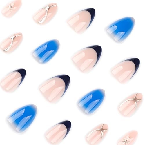 Almond Short Spring Blue Smudge Nails – Style A25 – Press on Nails