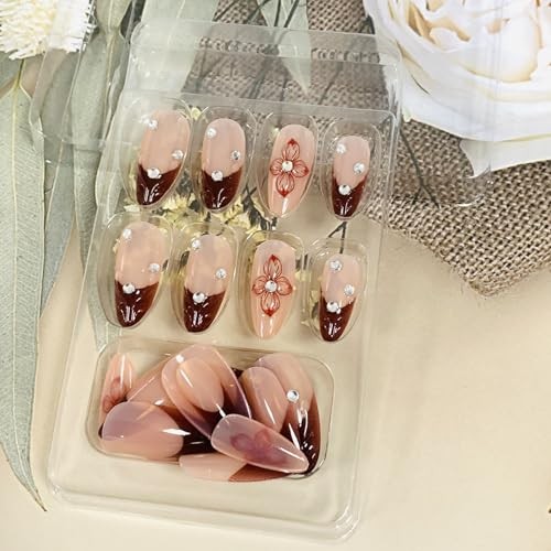 Press on Almond Nails Short Length Glossy Red French and Red Floral Rhinestone