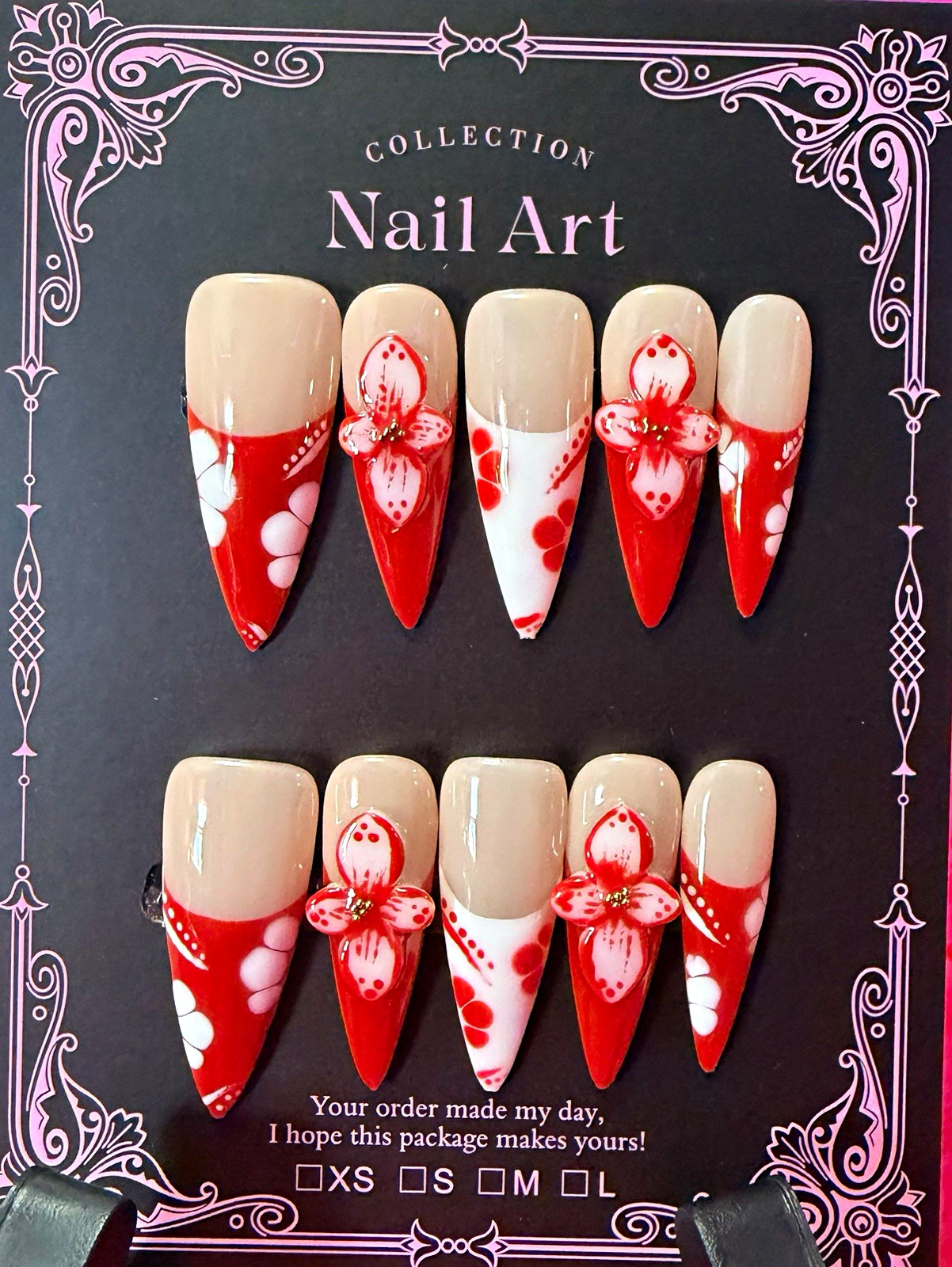 Red/White/Nude 3D Flower Stiletto Press-On Nails, Long Full Cover Acrylic