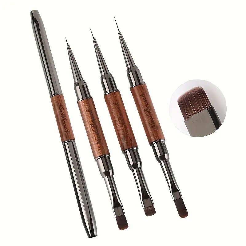 Sandalwood Handle Double-Ended Nail Art Brushes | Gel UV Acrylic Painting & Line