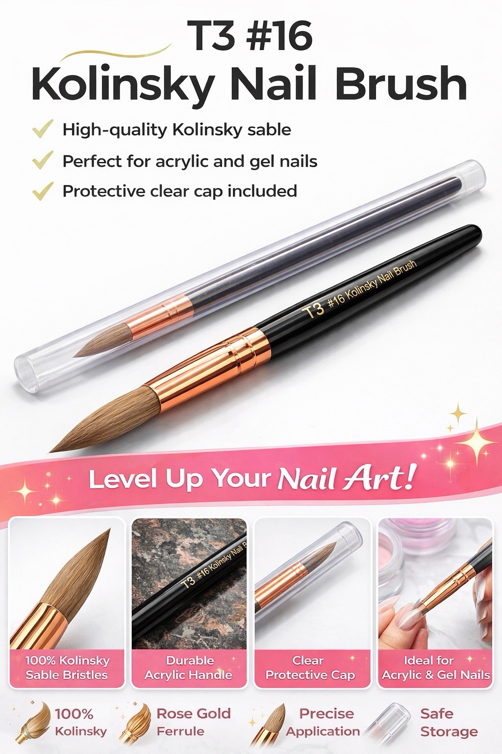 T3 Kolinsky Sable #16 Nail Brush Acrylic & Gel Nails Rose Gold Ferrule Cap