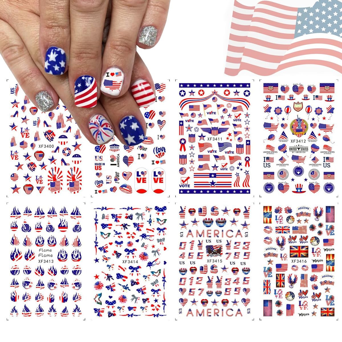 8 Sheets 4th of July Nail Art Stickers White Red Blue 3D Self-Adhesive Nail D…