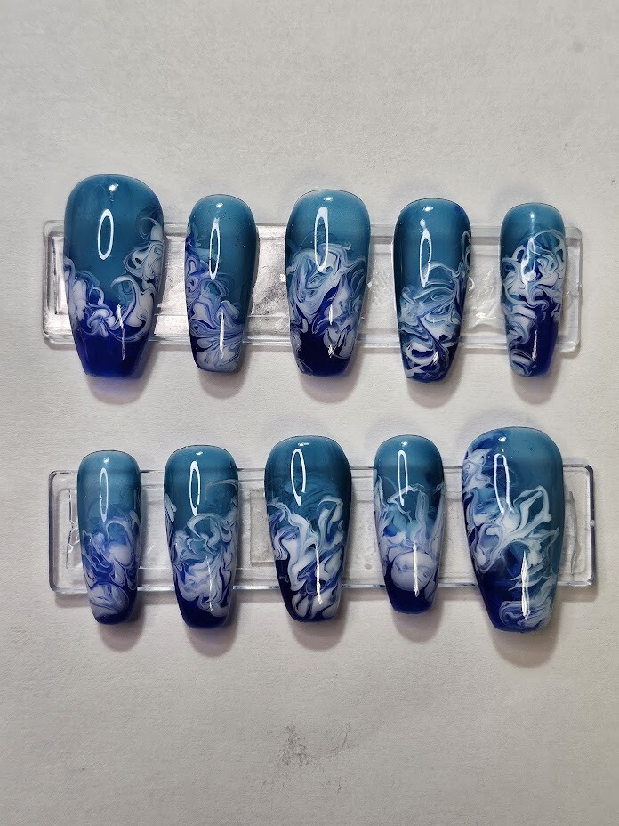 Hand Painted, Long Coffin Press on nails – blue & teal jelly base w/white swirl