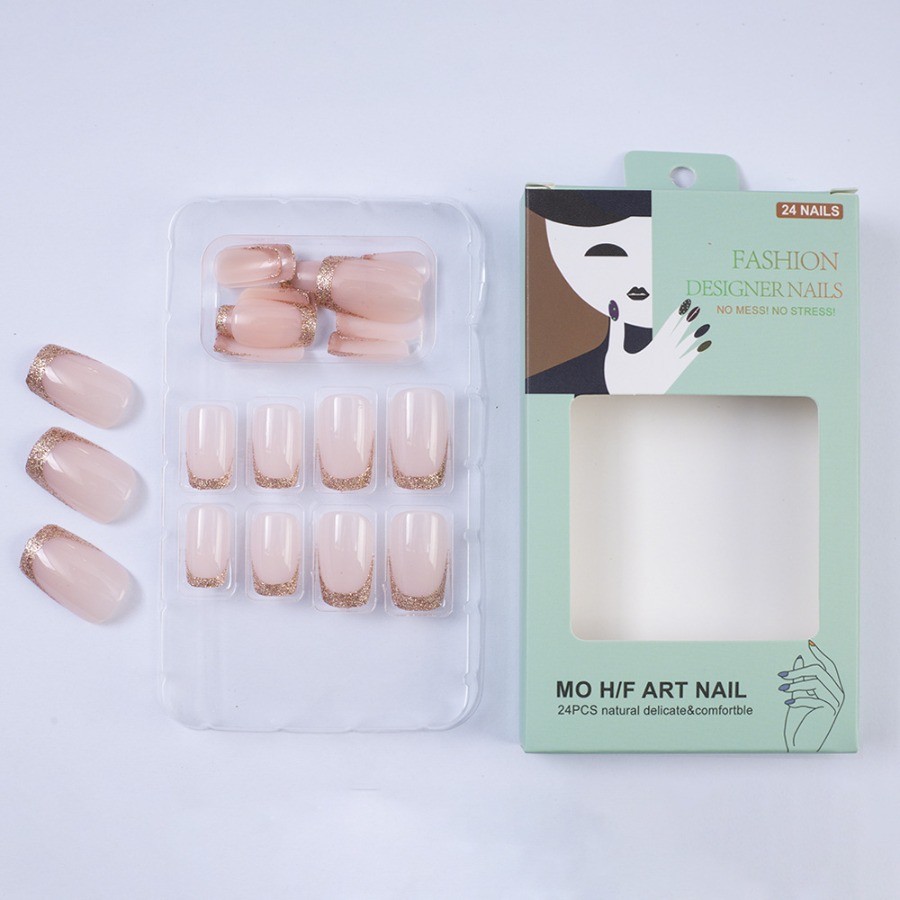 48pcs-Pink Glitter French Tip Nails, Press on Medium Square with Sparkly Ombre
