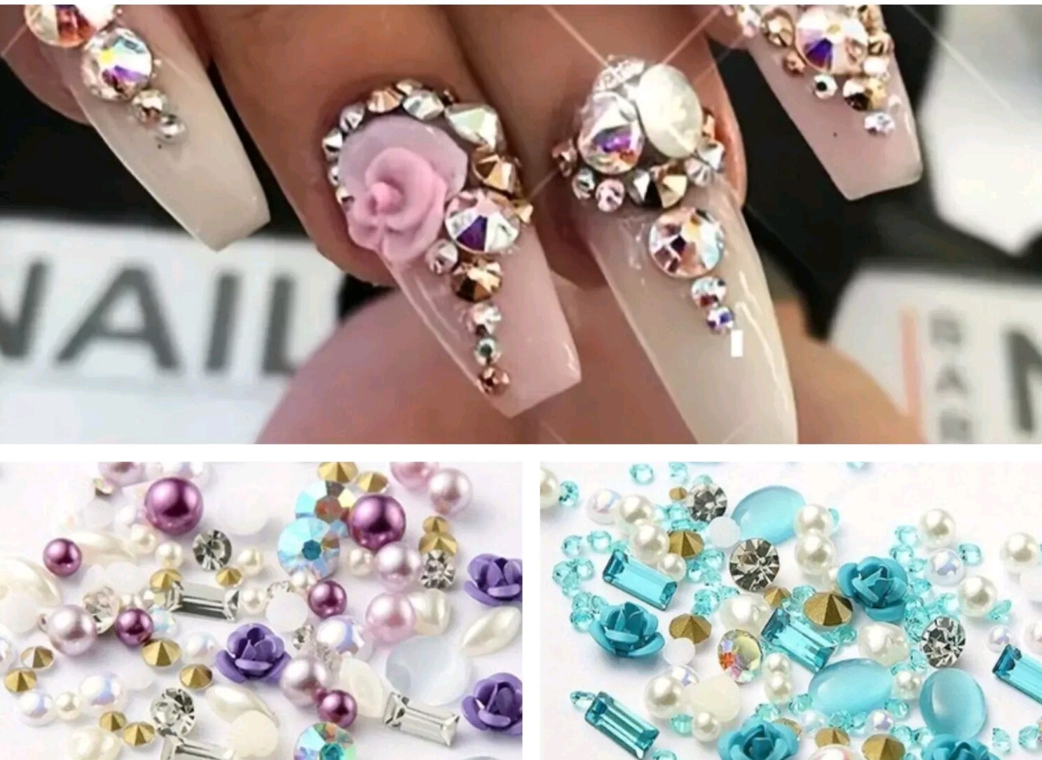 2 Lots 3D Nail Art Charms Flowers Crystal Rhinestones Pearls Purple Teal Blue