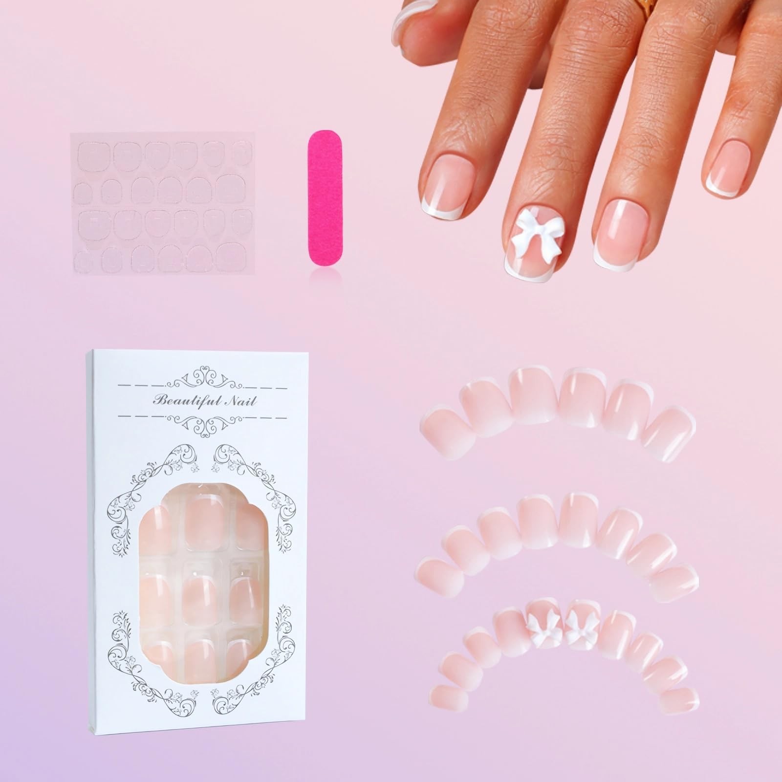 24Pcs Pink French Tip Press On Nails – Short Square Glossy Nude Fake Nails, F…