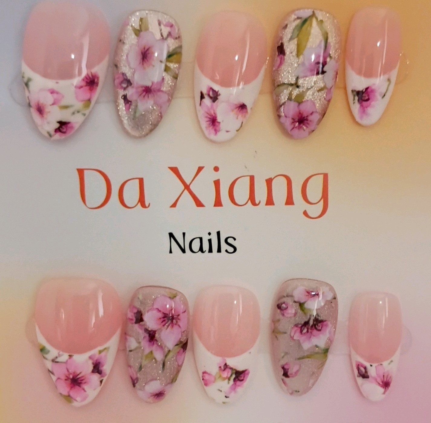 Press-On Nails Pink White Floral French Almond Short, Size M