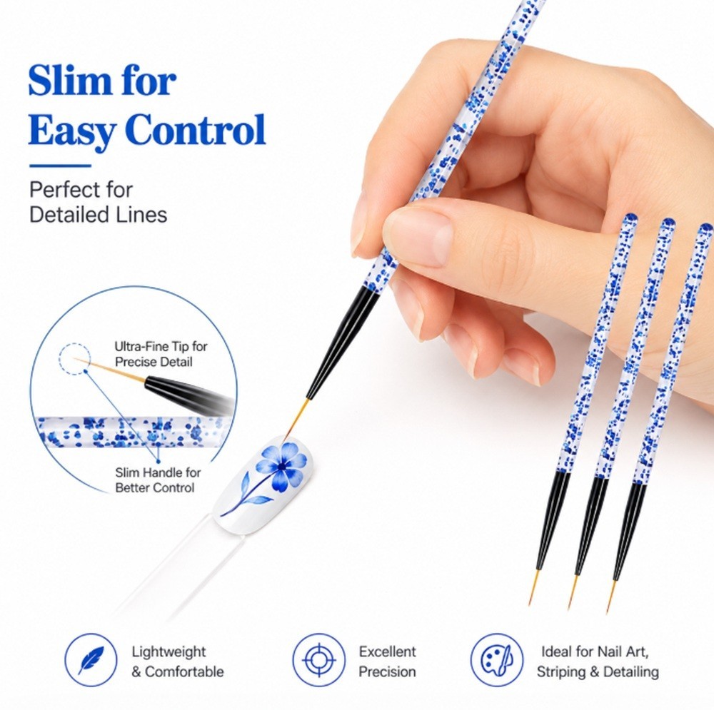3-Piece Nail Art Liner Brushes Set – Gel Polish Painting Design Brush Pen Kit