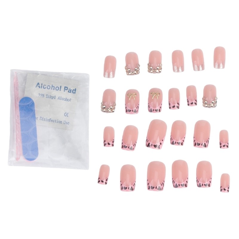 24 Pieces French Tip Nail Press On Nail Short Square False Nail With Rhinestones