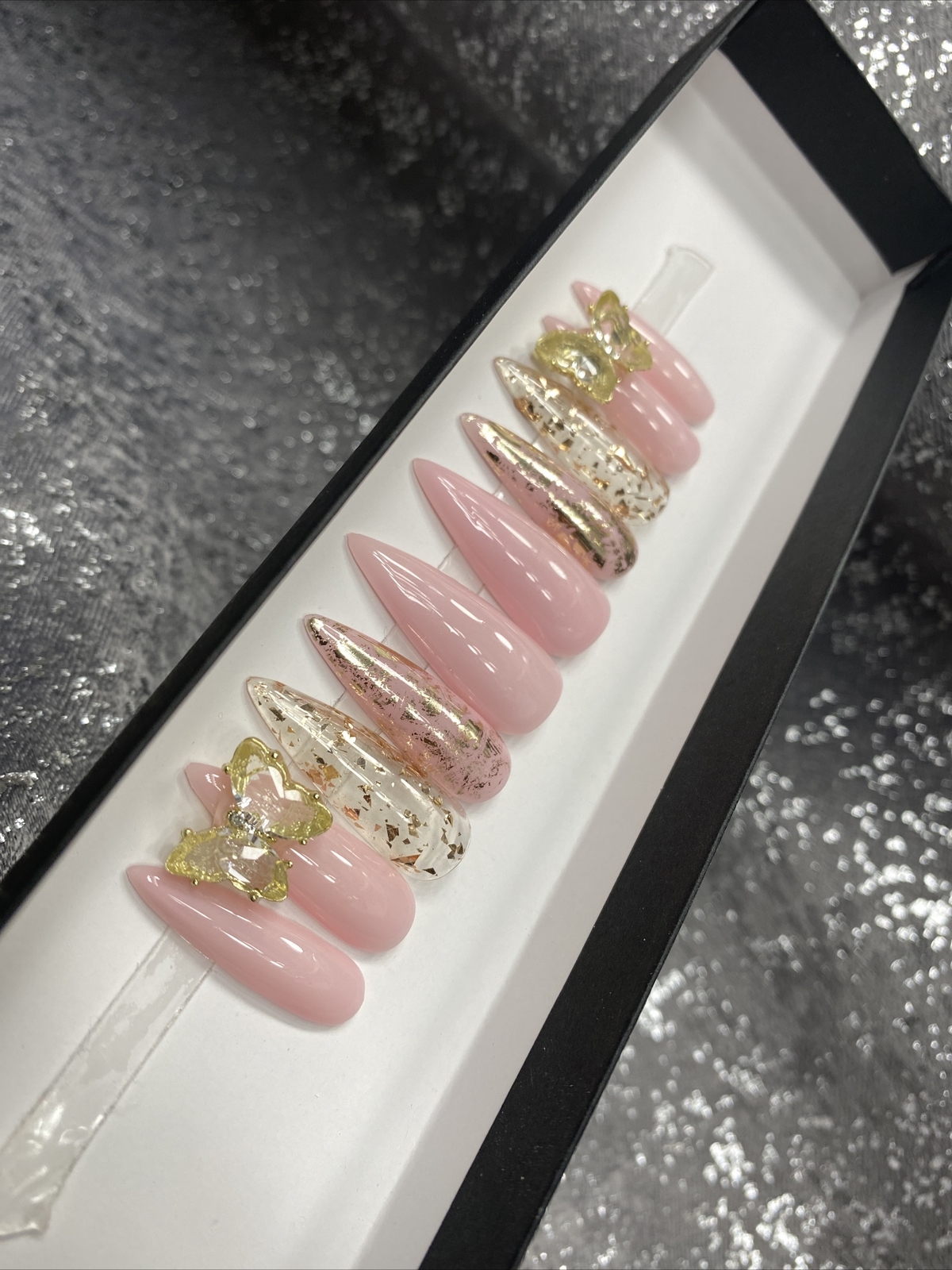🔥 CUSTOM Gel Press On Nails, PINK W BLING , Stiletto Long, 10p Set W/ KIT NEW