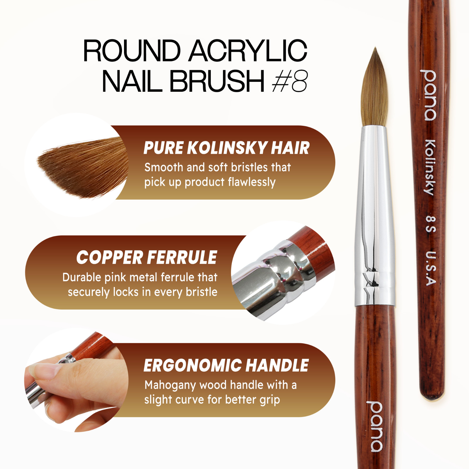 Pana USA Acrylic Nail Brush 100% Pure Kolinsky Hair Mahogany Wood Handle -Size 8