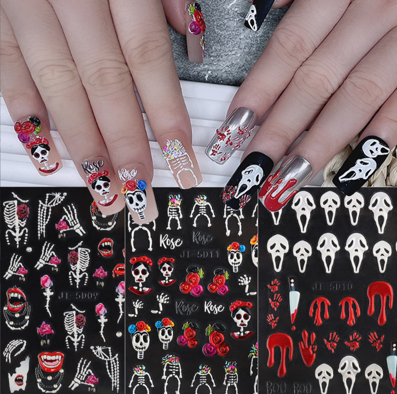 Nail Art Sticker Halloween Eye Blood Skull Skeleton Pumpkin 5D Embossed DIY NS40