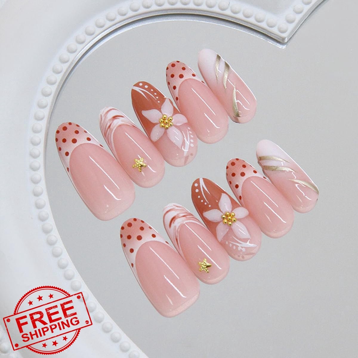 OSTTMA Brown 3D Flower Almond Press on Nails flower-2