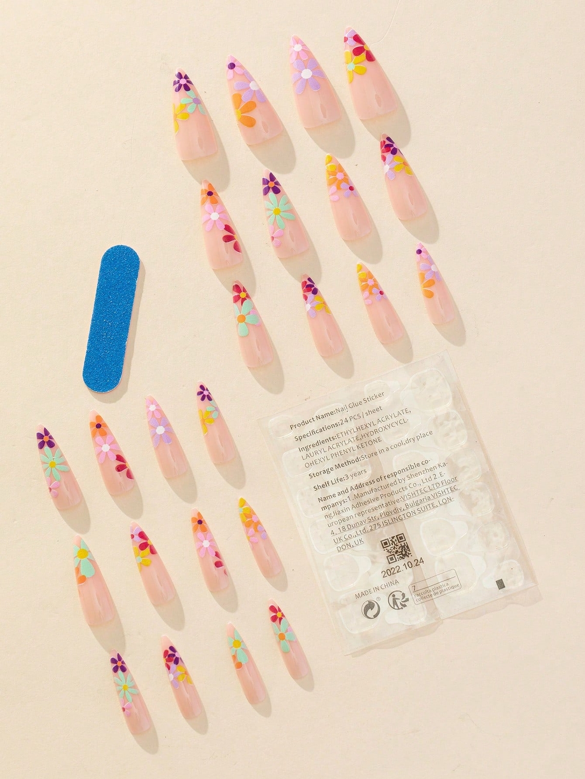 24pcs Long Almond Multicolor Flower Fake Nail Kit False Nails Press On Nails
