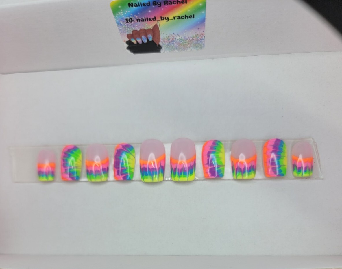 Rainbow neon tie-dye press on nails short square French tip pride nails