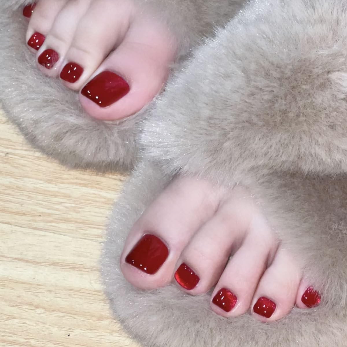 24Pcs Red Press on Toenails for Women,Square Fake Toenails with Glossy Design