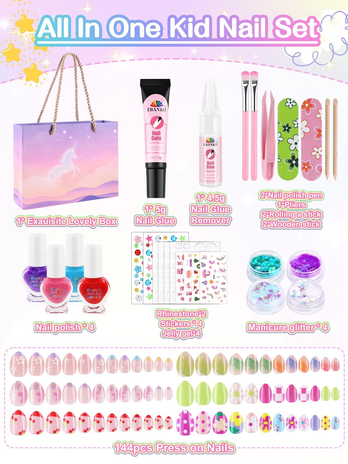 EBANKU 144 Pcs Press on Nail Kids Gift Box with 4pc Nail Polishs