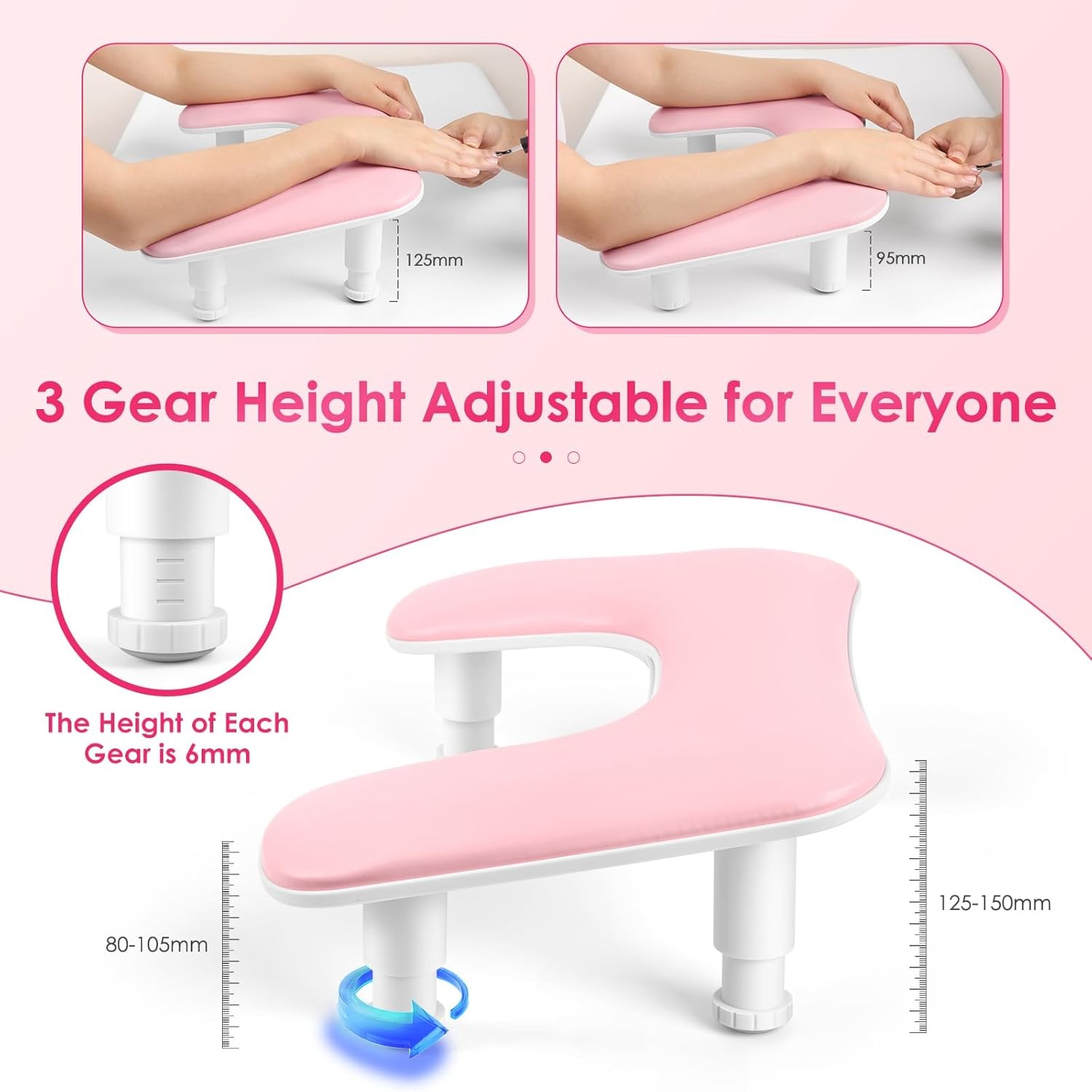 Arm Rest for Nails Tech: U-shaped Adjustable Nail Armrest – Pink PU Leather Hand