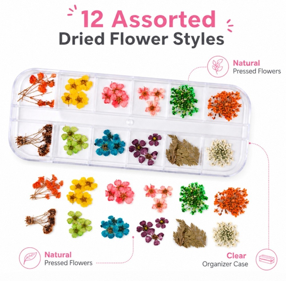 12-Color Real Dried Flowers Nail Art Set – 3D Decors DIY Manicure Tips Box