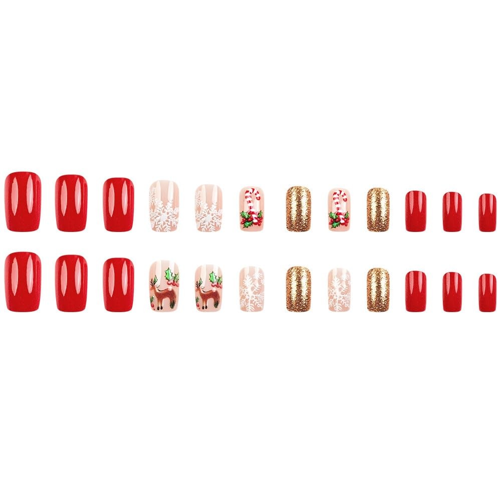 48pcs Christmas Press-on Nails Candy Cane Reindeer Snowflake Holiday Party Nails