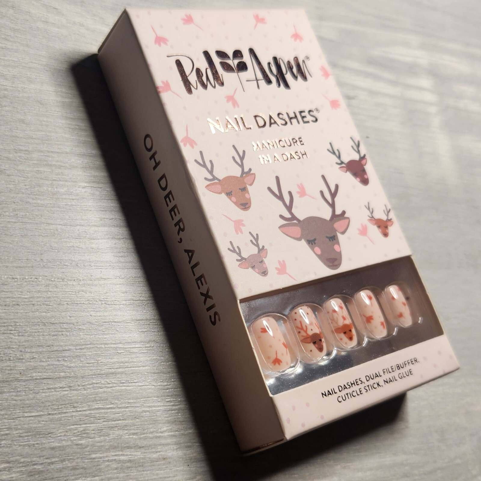 Press On Nails Oh Deer, Alexis Short Square Christmas Reindeer Dashes Red Aspen