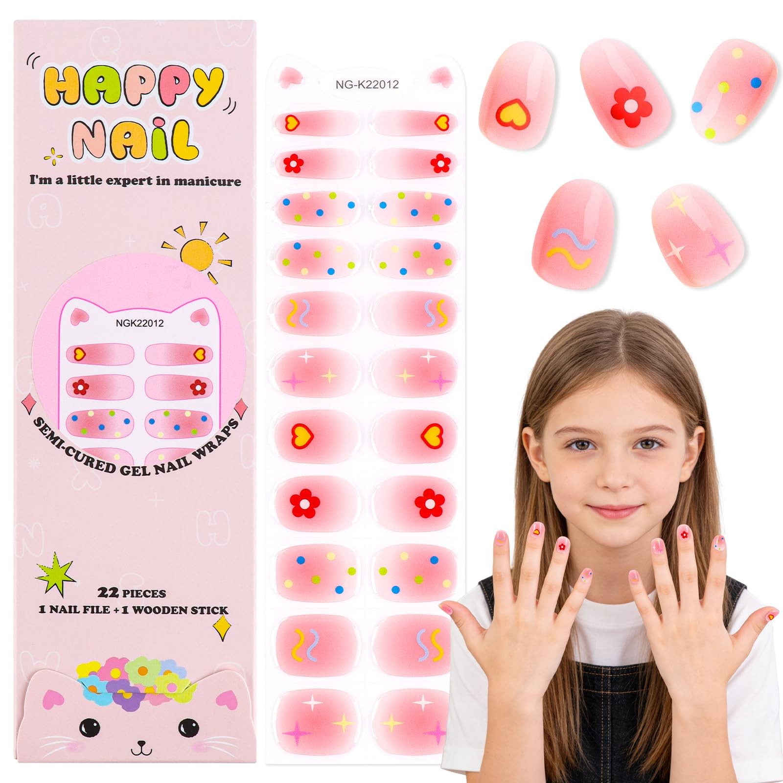 EBANKU Kids Gel Nail Polish Strips, Flower Star Cute Semi-Cured Nail Art Wrap…